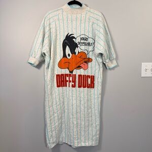 VTG 1989 Daffy Duck Graphic Nightshirt “You’re Despicable” Fleece Stripes Cream